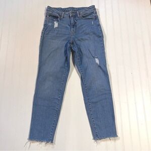 Old Navy OG Straight High Rise Distressed Raw Hem Jeans Medium Wash Blue Size 6